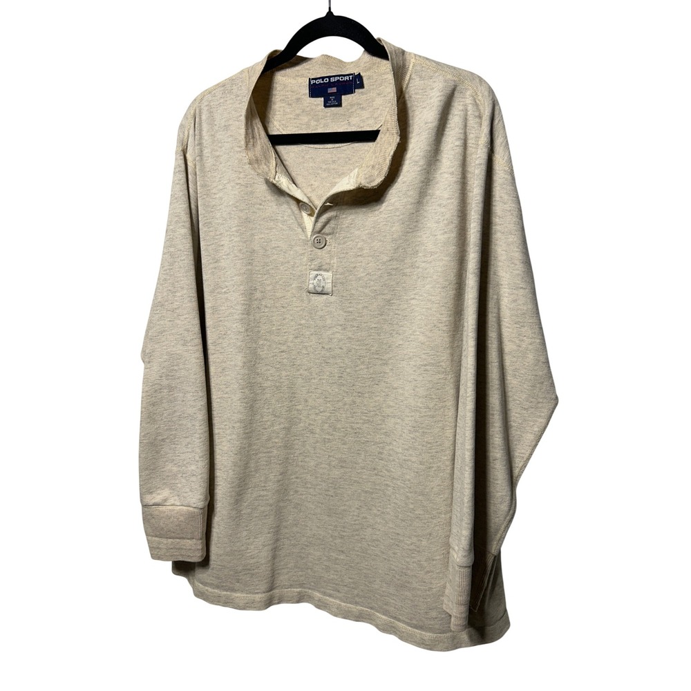VTG Y2K Polo Sport Ralph Lauren Henley Shirt Oatmeal Heather Made in USA Men's L